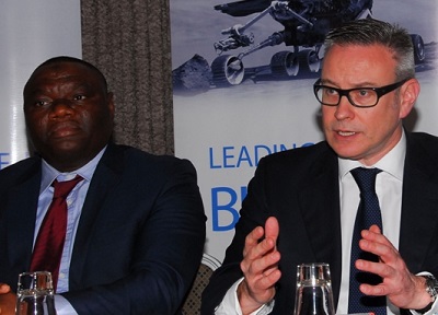 (L-r) Rasheed Jimoh, regional manager for EMC in English Speaking West Africa, and Adrian McDonald, president of EMC Europe, Middle East and Africa at a press conference to announce EMC's new training centre and office expansion in Lagos on Tuesday.